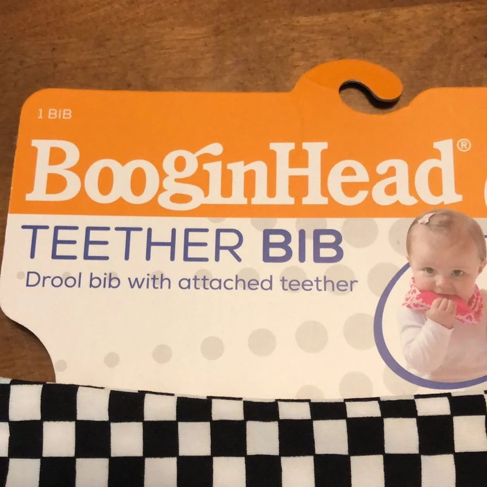 🌵 3/$15 BooginHead black white checkered bib attached blue silicone teether